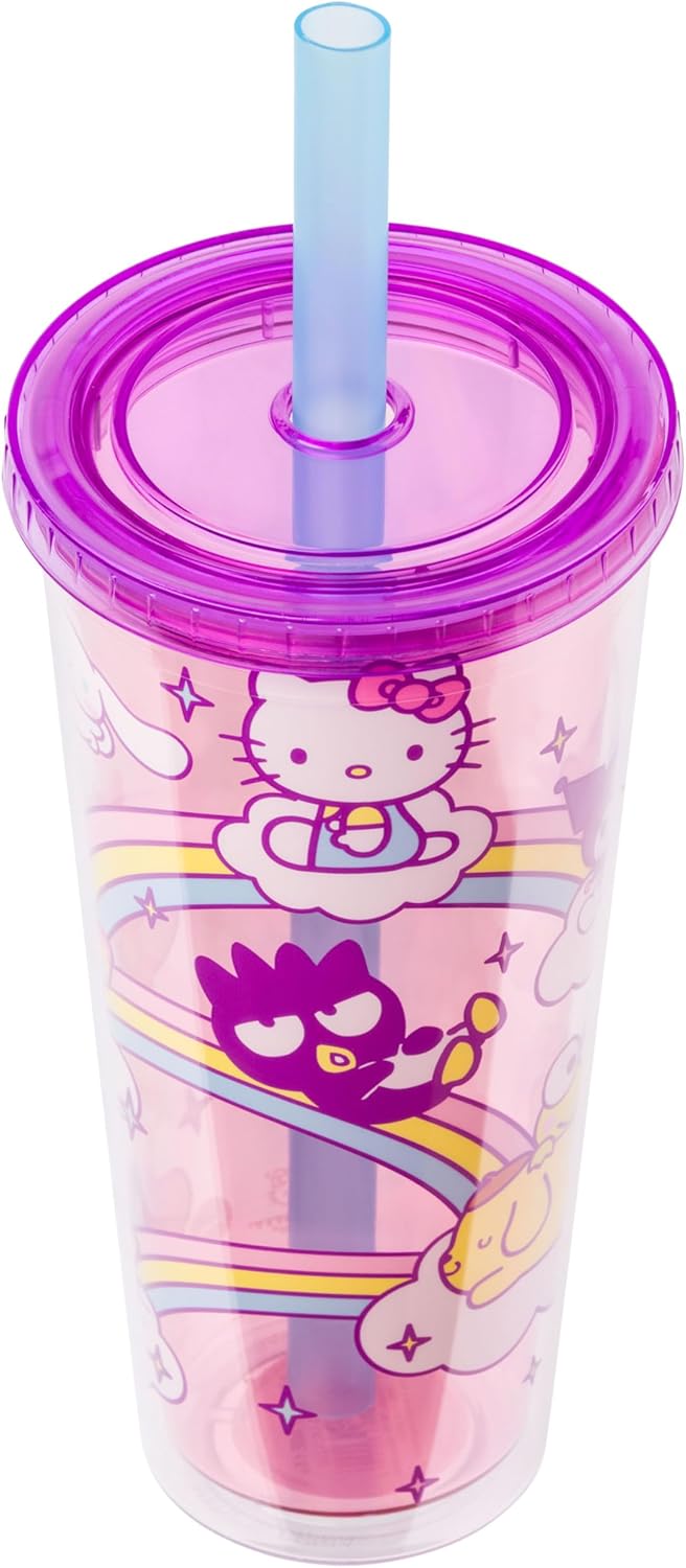 Silver Buffalo Sanrio Hello Kitty and Friends Plastic Boba Tumbler with Lid and Straw Featuring Hello Kitty, Cinnamorroll, Kuromi, My Melody, Badtz Maru, Keroppi, Chococat, and Pompompurin, 24 Ounces