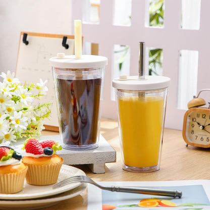 Honeydak 4 Pack 24 oz Reusable Iced Coffee Cups with Lids and Straws Leakproof Double Wall Insulated Clear Plastic Iced Coffee Tumblers with Straw Brushes