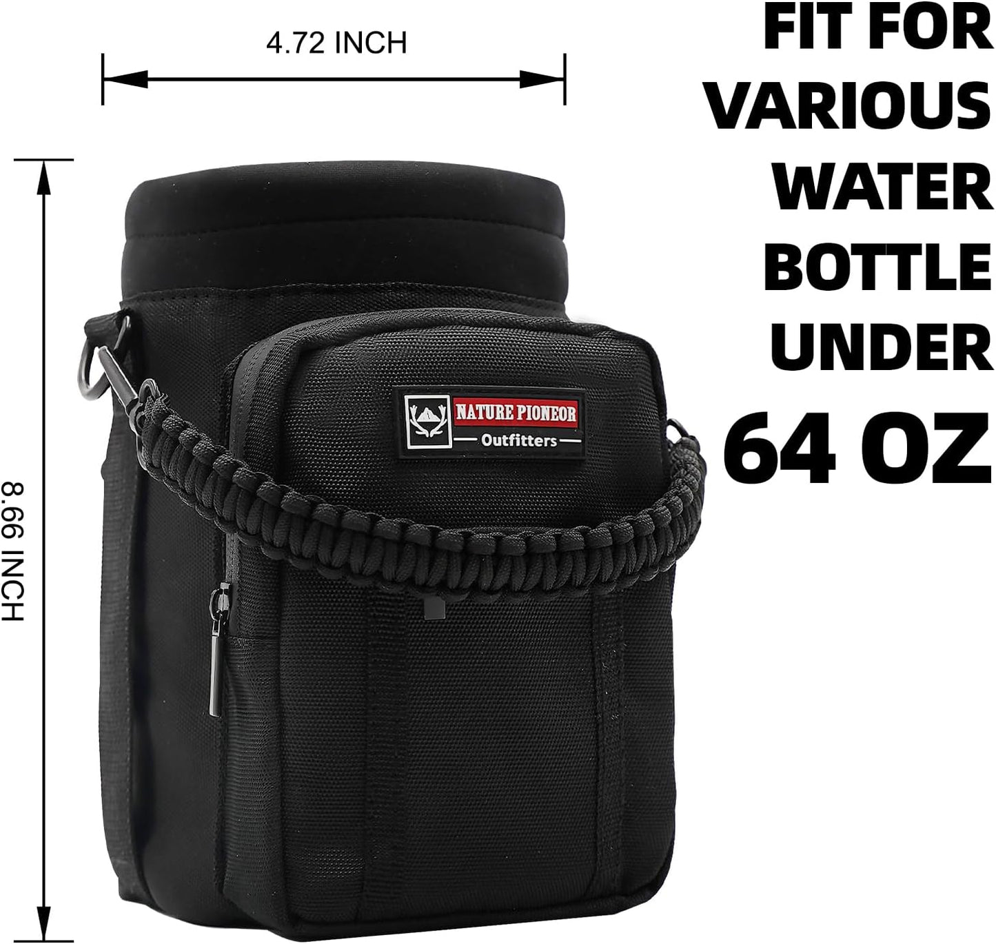 NATURE PIONEOR Water Bottle Holder with Adjustable Strap - 26/32/36/40/46/64oz Insulated Water Bottle Sling Carrier with Paracord Handle & 2 Pockets, Outdoor Sports, Hiking, Camping, Gym
