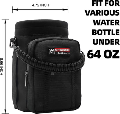 NATURE PIONEOR Water Bottle Holder with Adjustable Strap - 26/32/36/40/46/64oz Insulated Water Bottle Sling Carrier with Paracord Handle & 2 Pockets, Outdoor Sports, Hiking, Camping, Gym