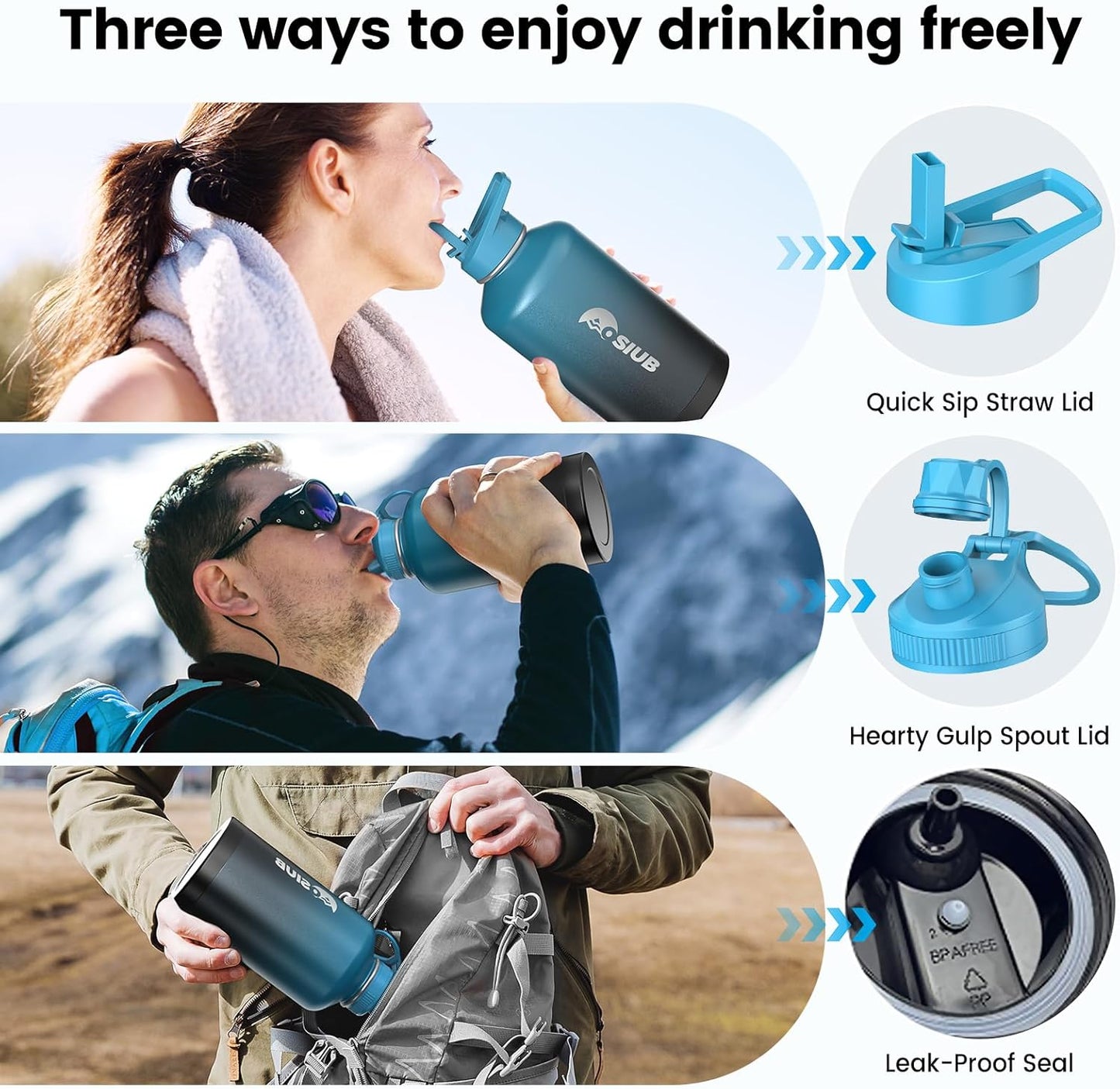 Insulated Water Bottle 32 oz, Triple Wall Vacuum Stainless Steel(Cold for 48 Hrs),Leak Proof & BPA-Free,Simple Modern Water Bottle with Drink-Through Lid & Flip Straw for Sports & Travel, Indigo-Black