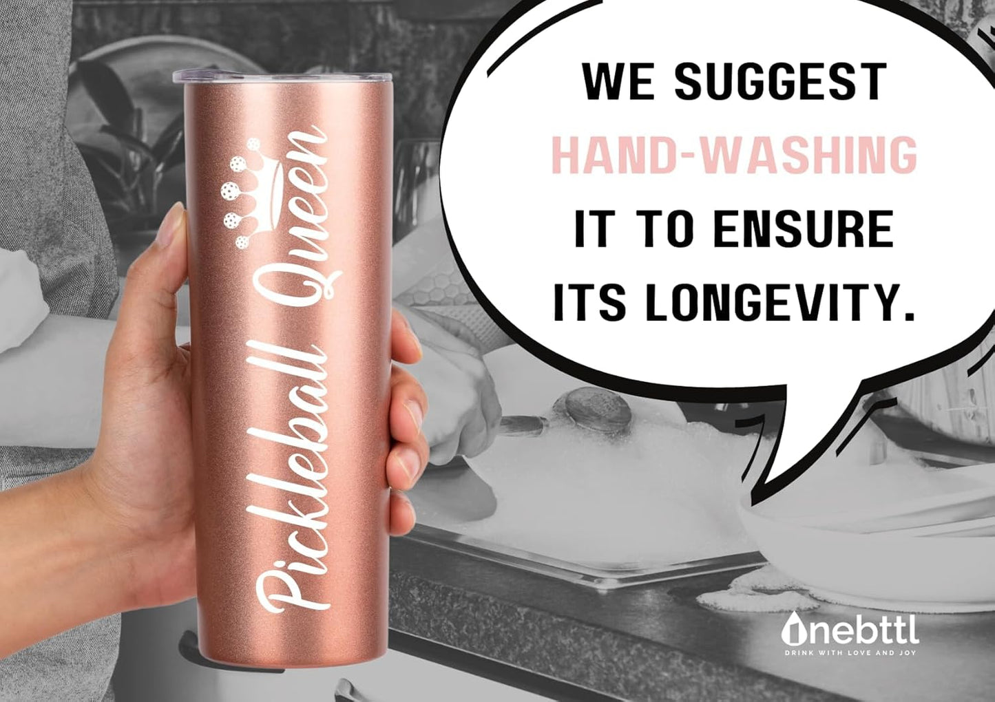Onebttl Pickleball Gifts for Women - 20 oz Stainless Steel Skinny Tumbler with Lid, Pickleball Queen (Rose Gold)