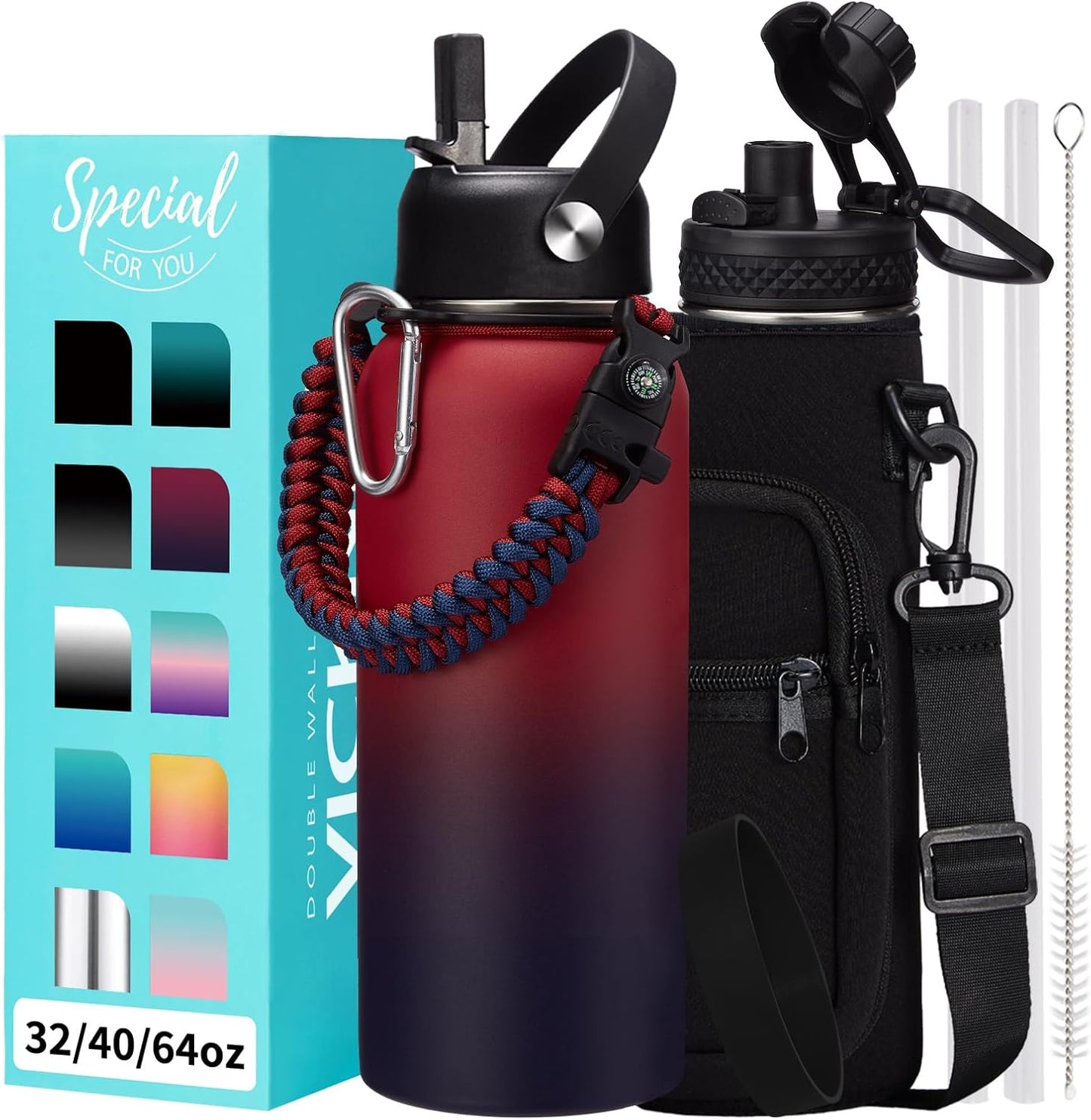 32/40/64OZ Insulated Water Bottle - Keep Cold 48H Hot 24H, Combo Straw/Spout Lids, Paracord Handle for Gym/Hiking, Carrier Bag +Strap, Cup Mat, BPA-Free Stainless Steel Flask Jug