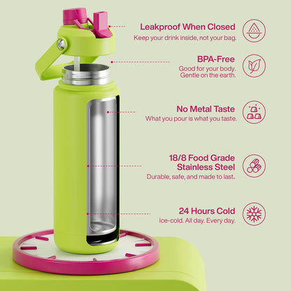 ENCOOL Insulated Water Bottle with Straw Stainless Steel Water Bottle, Leak-Proof, BPA-Free, Double Wall Vacuum Keeps Cold for 24 Hours for Sports, Travel, School (26 oz, Cotton Candy) - Colors A