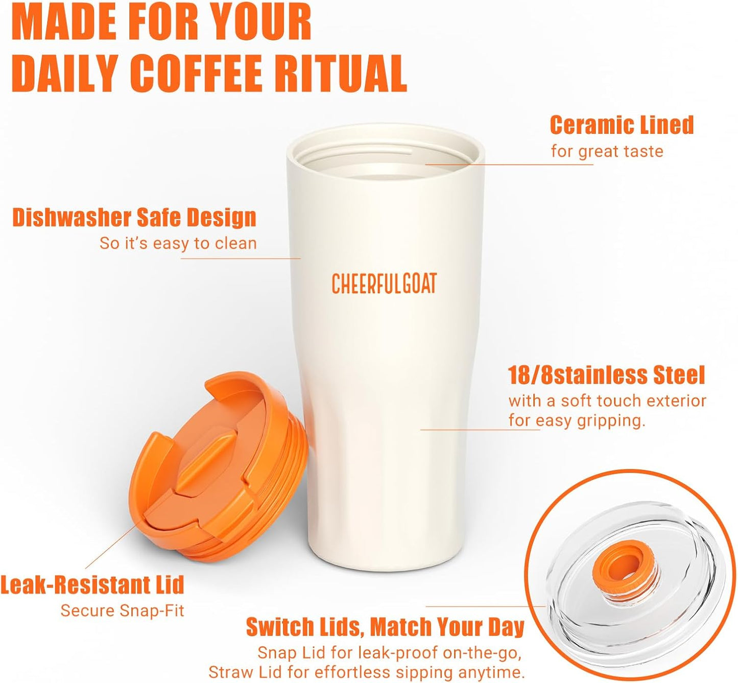 CHEERFUL GOAT Ceramic Lined Coffee Travel Tumbler - Stainless Steel Travel Mug with Ceramic Liner and Lid, 21 OZ Cup for Hot and Cold Beverages at Home or on the Go (Latte Ombre)