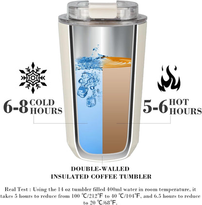 Puraville Insulated Tumblers with Lid, 14 oz Travel Coffee Mug Stainless Steel Vacuum Cup, Leak Proof Reusable Double Walled Coffee Tumbler for Iced and Hot Drinks, Cream