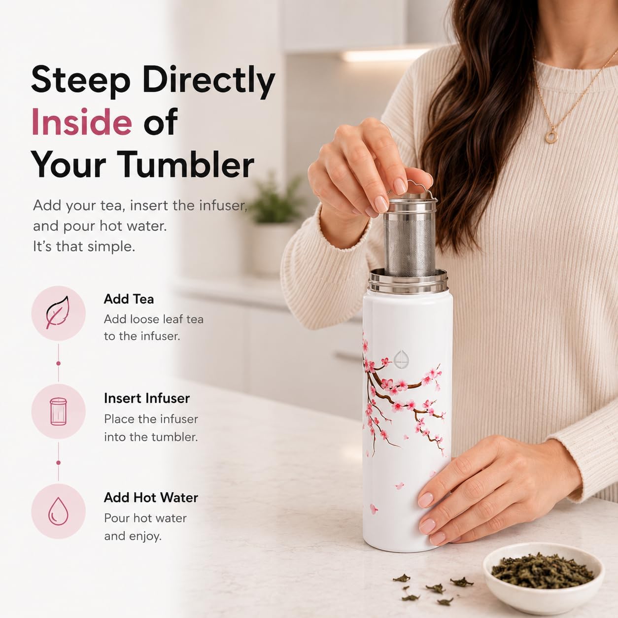 22 oz Ceramic Lined Tea Infuser Travel Tumbler, Micro-Mesh Stainless Steel Infuser, Pure Taste Ceramic Interior, Triple Insulated 12hr Hot Cold, Dual Sip & Straw Lid, Scratch-Resistant