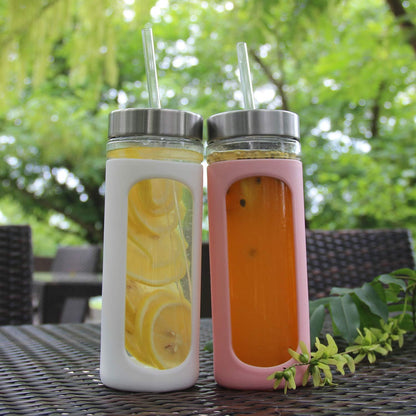Kodrine 20oz Glass Water Tumbler with Straw and Lid, Bamboo Lids Water Bottle, Iced Coffee Cup Reusable, Wide Mouth Smoothie Cups with Protective Silicone Sleeve BPA FREE-Black - Colors B