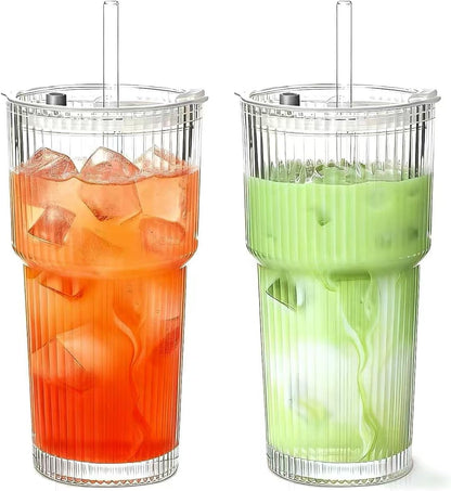 20 OZ Iced Coffee Cup With Glass Lids and Straws,High Borosilicate Glass Tumbler Cup Reusable Wide Mouth Smoothie Cups(Clear,1cup)…