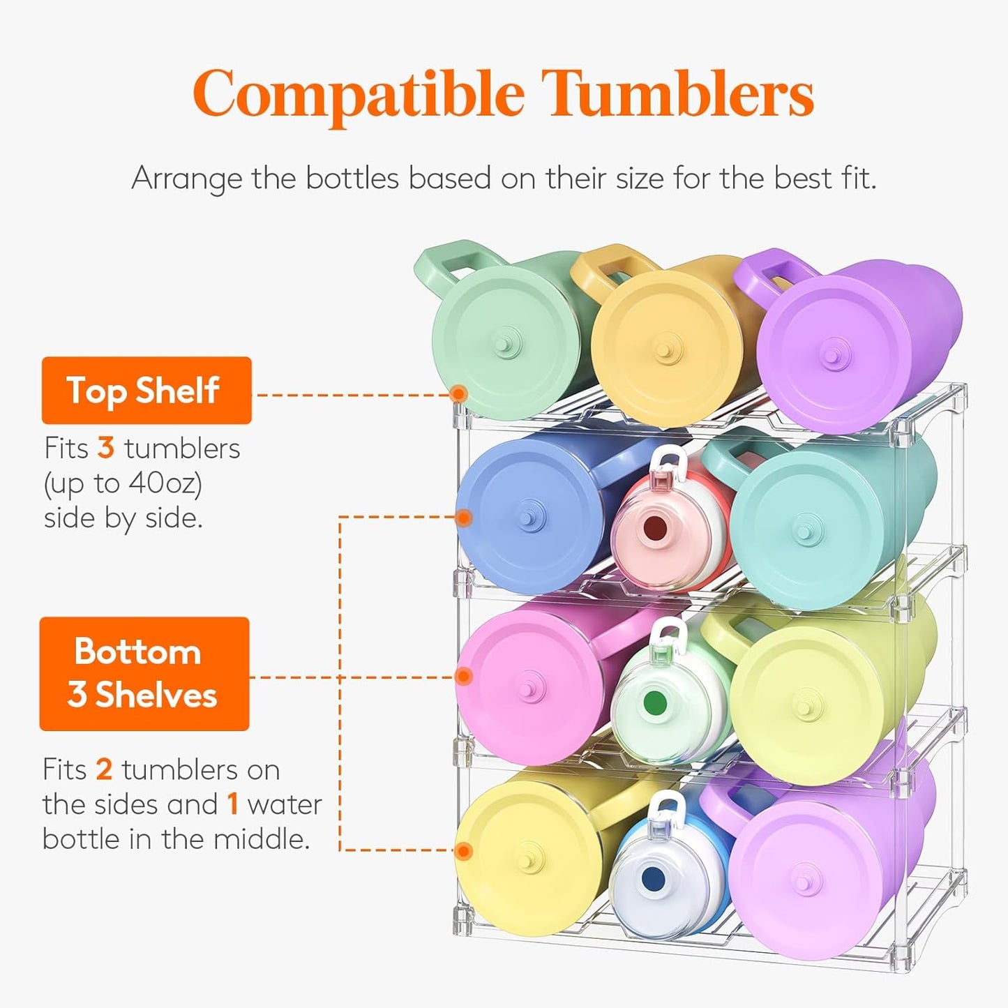 Lifewit Stackable Bottle Storage Organizer, Clear Freestanding Wine Holder for Cabinet, Large Slot Water Bottle Tumbler Cup Organizer for Pantry, Plastic Wine Rack for Fridge Cellar, 3Tier Hold 9