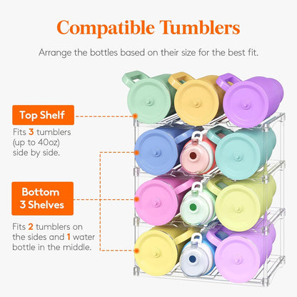 Lifewit Stackable Bottle Storage Organizer, Clear Freestanding Wine Holder for Cabinet, Large Slot Water Bottle Tumbler Cup Organizer for Pantry, Plastic Wine Rack for Fridge Cellar, 3Tier Hold 9