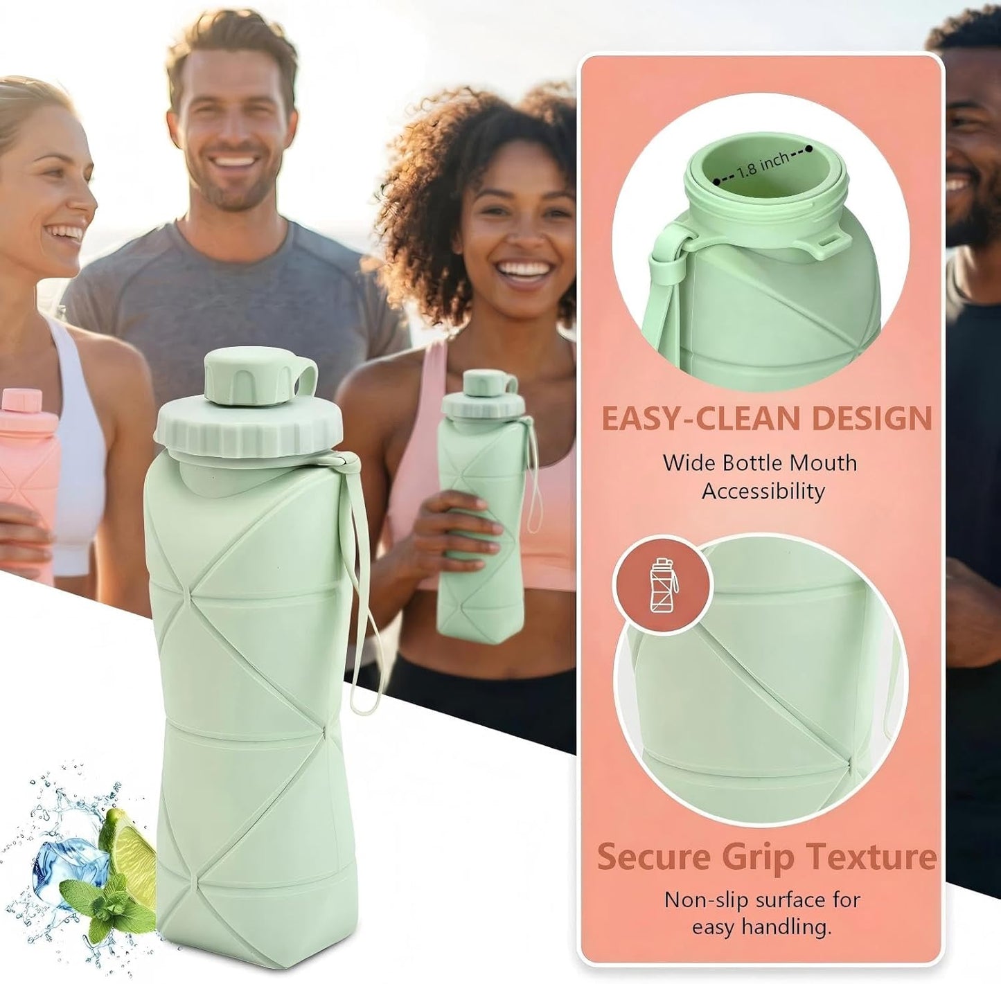 Collapsible Water Bottle 20oz (600ml), BPA-Free Silicone Foldable Portable Lightweight Reusable Water Bottle with Leak-Proof Lid & Lanyard for Outdoor Travel Cycling Gym & Camping (Green)