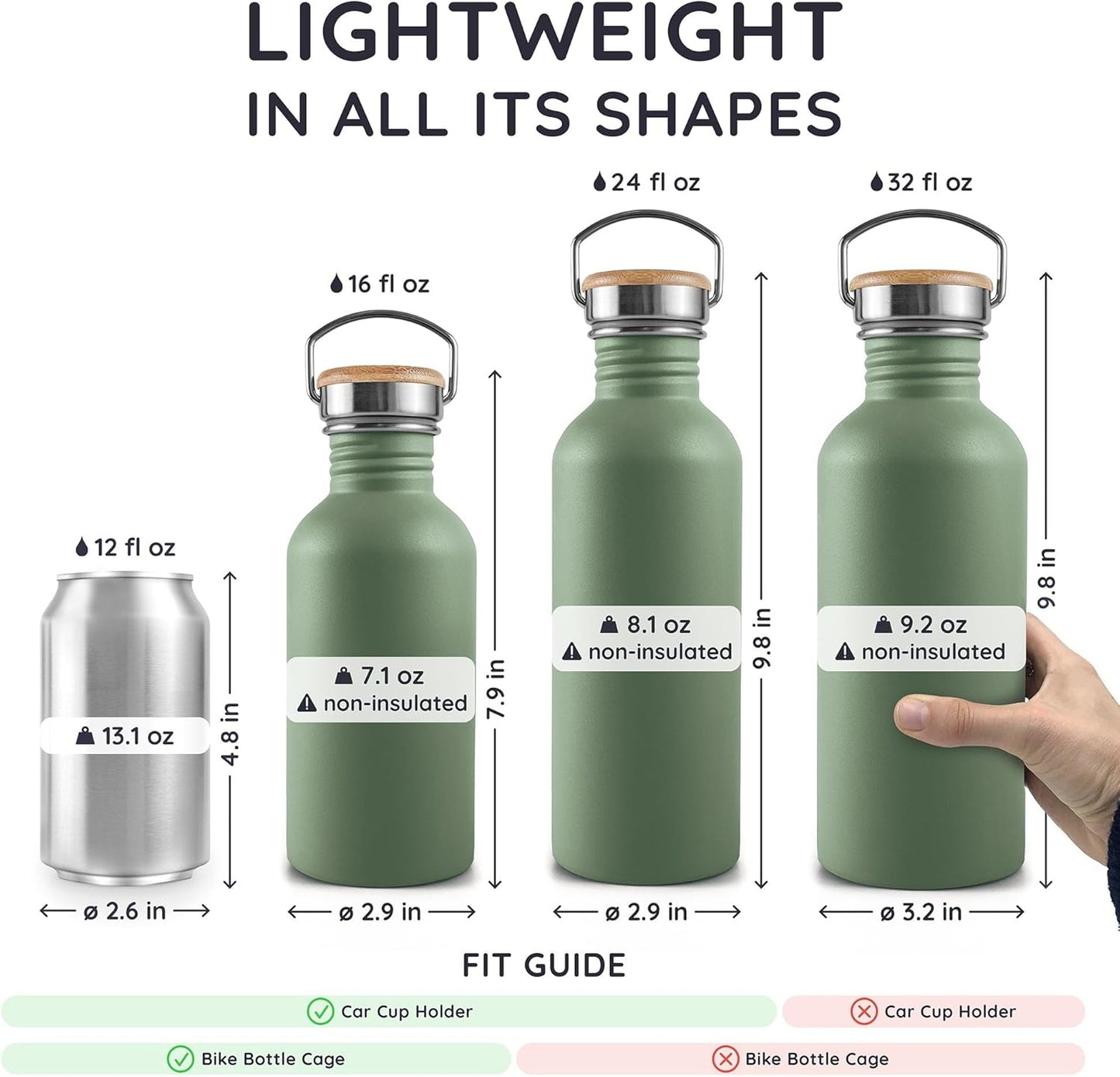 Bambaw Stainless Steel Water Bottles 32 oz, Non-insulated Single Wall Metal Water Bottle Stainless Steel, Reusable & Eco Friendly, Dishwasher Safe – Silver | Non-insulated