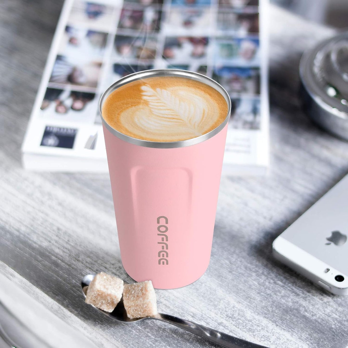 17oz (510ml) Vacuum Insulated Coffee Travel Mug, Leak proof Double Wall Stainless Steel Reusable Cup with Lid, Thermal Tumbler for Hot and Cold Drinks, Matte Texture White