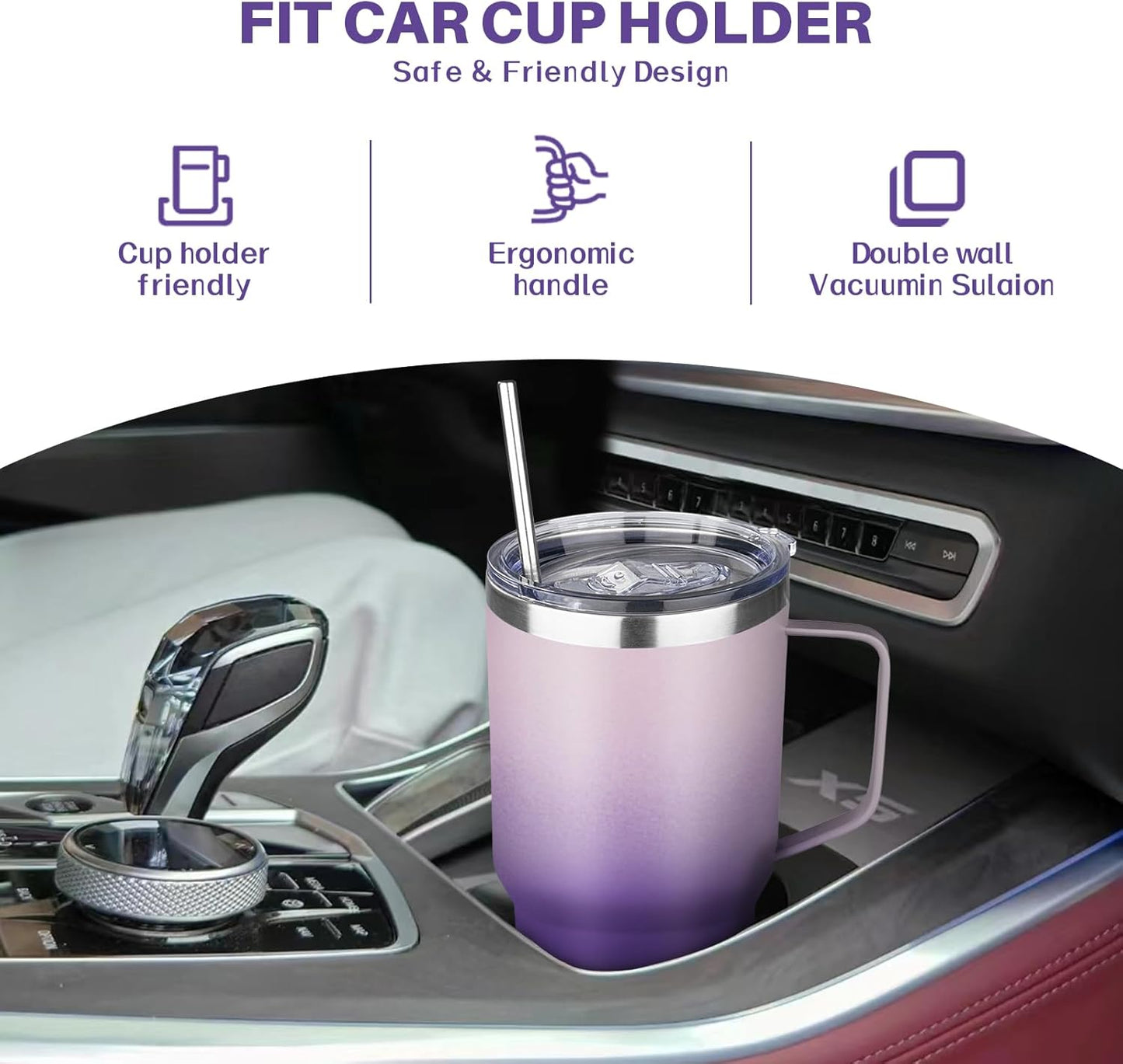40 oz Tumbler with Handle, Insulated Tumbler with Lid and Straw, Reusable Stainless Steel Vacuum Insulated Cup, 100% Leak Proof Thermal Travel Coffee Mug Cup for Cold and Hot (Light Purple)