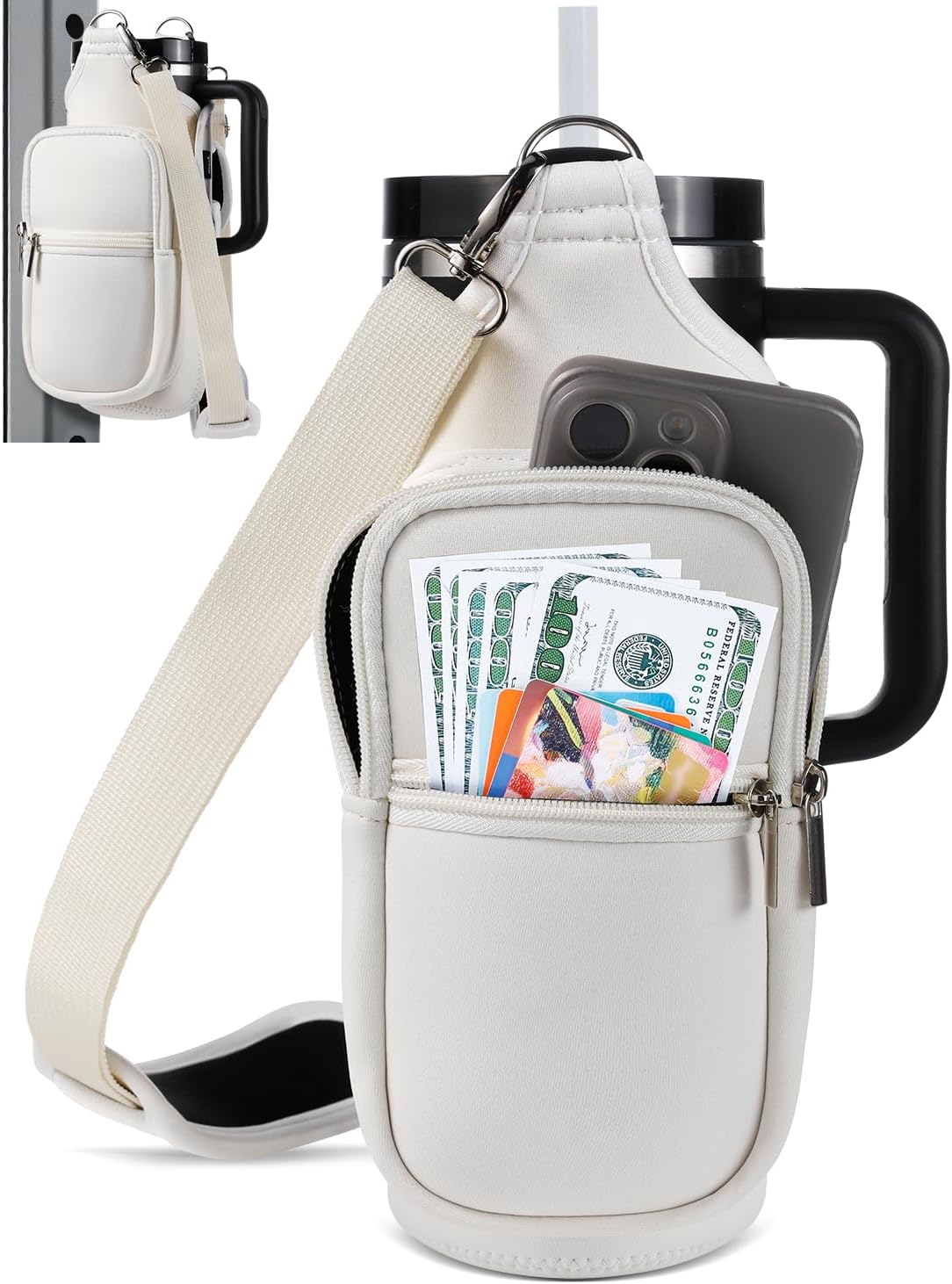 IPOW Magnetic Gym Bag Water Bottle Carrier Holder with Phone Pockets & Shoulder Strap for Men Women,Water Bottle Holder, Gym Pouch, Crossbody Bag for Travel, Sports, Work, Fitness - Black