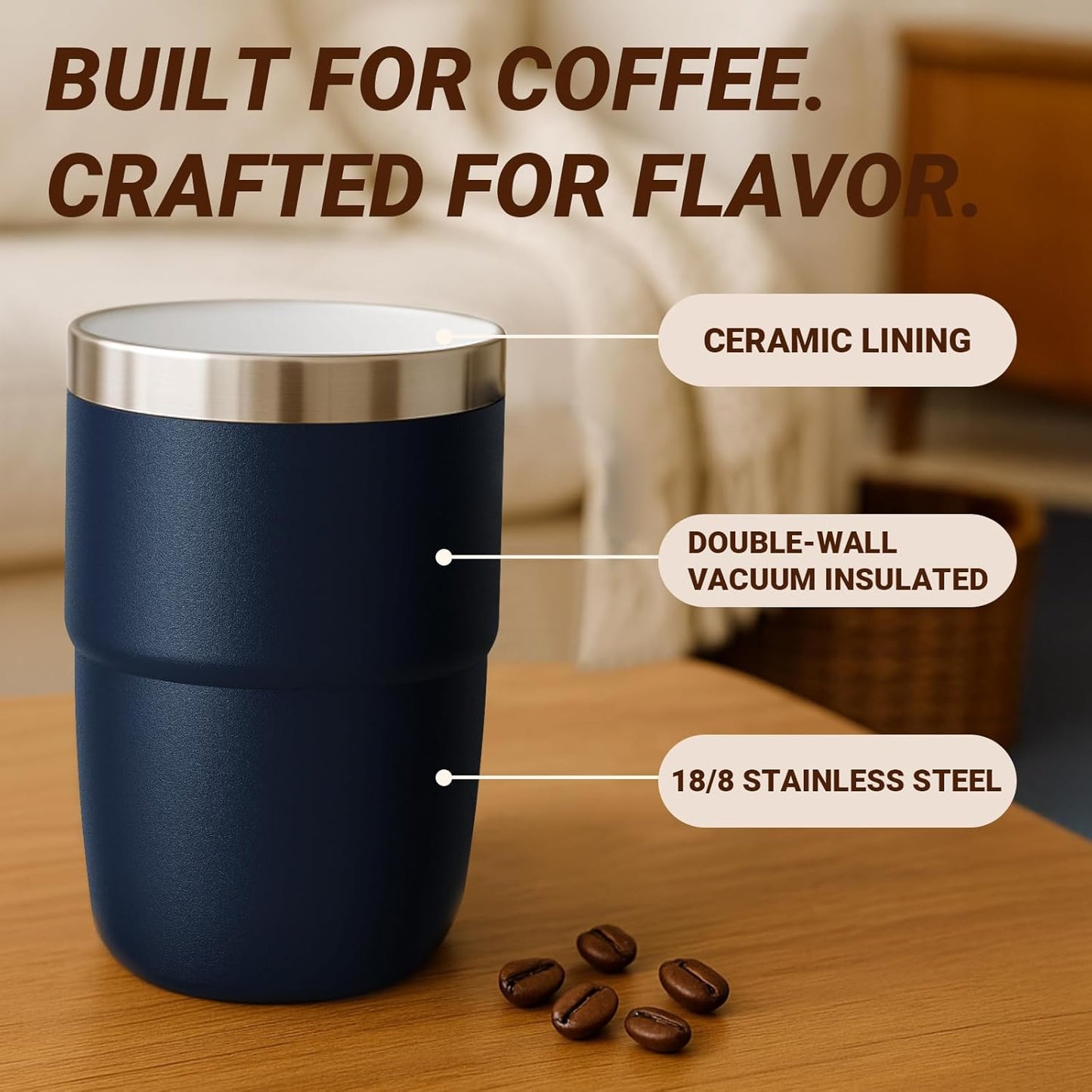 8 oz Small Coffee Cup with Magnetic Lid, Ceramic-Lined 18/8 Stainless Steel, Double-Wall Vacuum Insulated, Stackable, Dishwasher Safe, Mini Tumbler for On-the-Go, 2 Pack, Black
