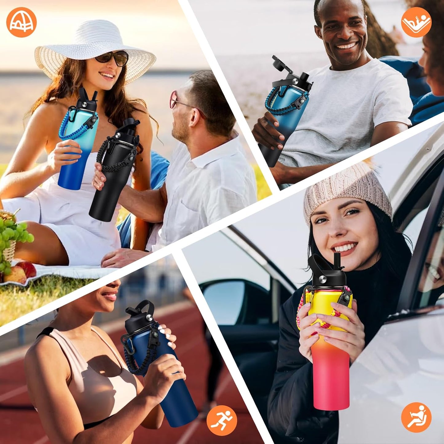 Insulated Water Bottle 40 oz - Fits in any Car Cup Holder, Keep Cold 48H Hot 24H, Stainless Steel Waterbottle Double Wall Flask with Straw, Pop-up Spout Lid, Paracord Handle, Carrier Bag