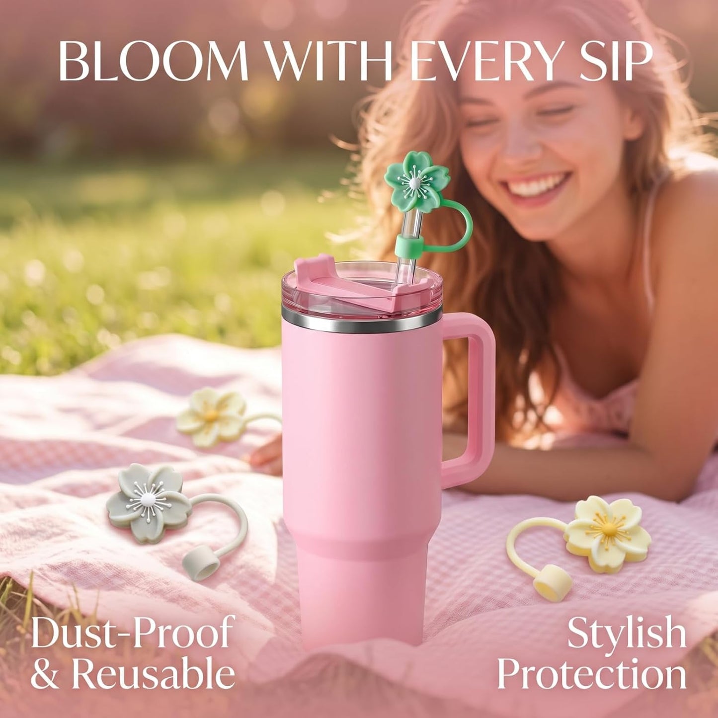 BTYHAOS Silicone Straw Caps for 10mm Tumblers | Reusable Dust-Proof Straw Toppers Compatible with Stanley 30oz & 40oz Tumblers (Purple Flower 3pc)