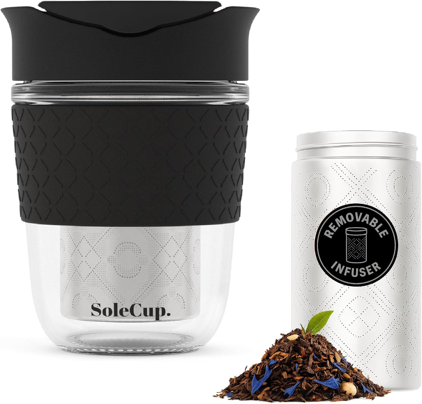 Travel Mug Loose Tea Infuser - Detachable Tea Strainer with Spillproof Lid - BPA-Free Reusable Glass Travel Coffee Cup with Silicone Band (Ice Cream, 12oz)