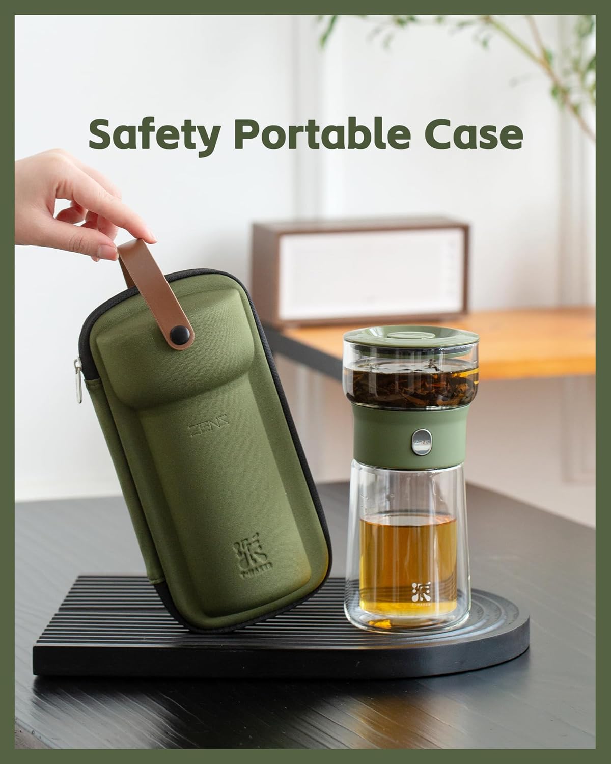 ZENS Modern Glass Infuser Teapot, One Touch Tea Maker for Loose Leaf Tea with Insulated Mug and Portable Case. Enchanted Pot Alternatives for Tea Lover Gifts