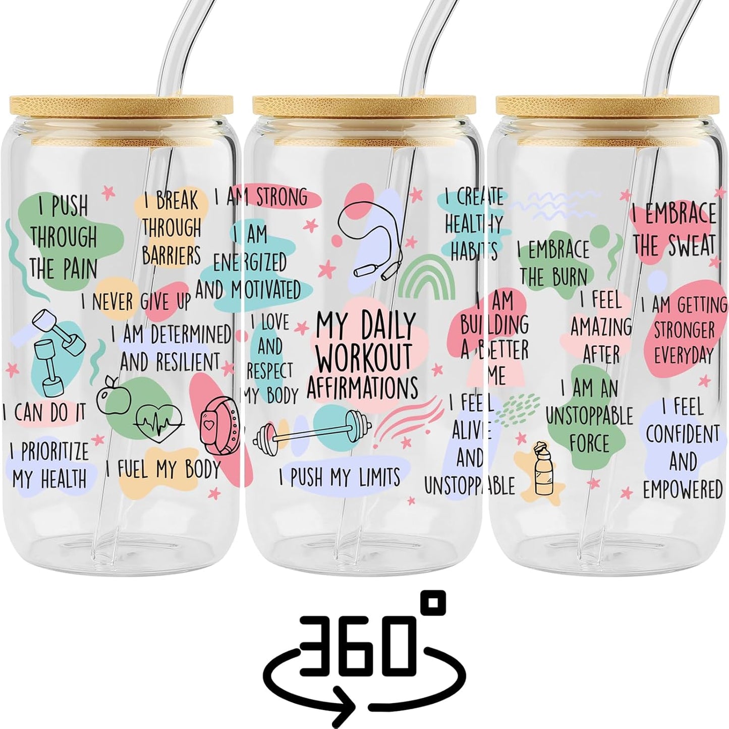 Birthday Gifts for Women Friendship, Christmas Inspirational Gifts for Friends, 16 Oz Drinking Glass Cups Tumbler W Lids Straws - Positive Daily Workout Affirmations Iced Coffee Cups, Christmas Gift