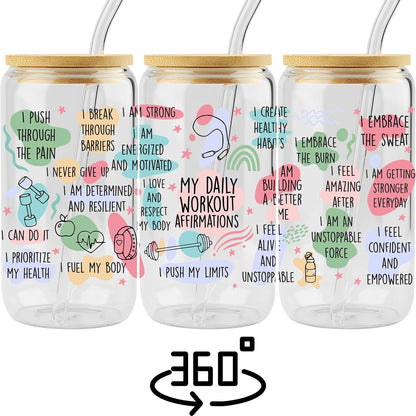 Birthday Gifts for Women Friendship, Christmas Inspirational Gifts for Friends, 16 Oz Drinking Glass Cups Tumbler W Lids Straws - Positive Daily Workout Affirmations Iced Coffee Cups, Christmas Gift