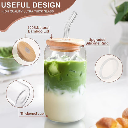 DWTS DANWEITESI Iced Coffee Cups with Lids 2 pcs,16 oz Glass Cups with Lids and Straws as Coffee Bar Accessories,Beer Drinking Glasses,Reusable Glass Tumbler,Cute Coffee Cups for Coffee, Juice, Gifts