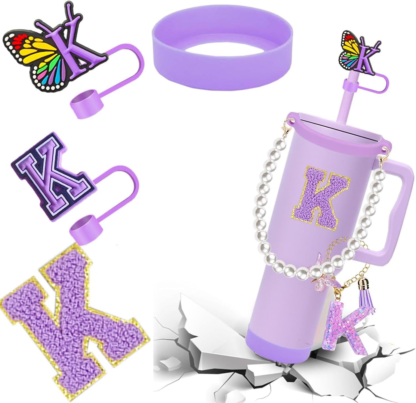 7pcs Cup Accessories for Stanley 30/40oz Tumbler, Handle Strap, Straw Cover, Silicone Boot, Letter Charm Stickers