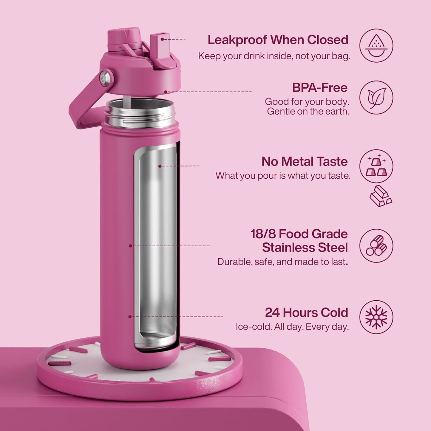 ENCOOL Insulated Water Bottle with Straw Stainless Steel Water Bottle, Leak-Proof, BPA-Free, Double Wall Vacuum Keeps Cold for 24 Hours for Sports, Travel, School (26 oz, Cotton Candy) - Colors C