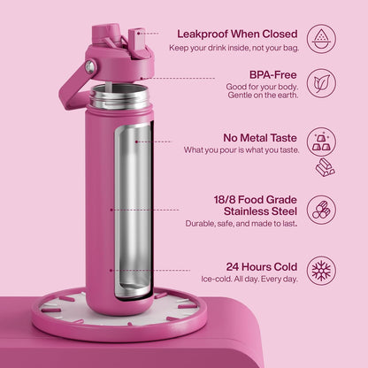 ENCOOL Insulated Water Bottle with Straw Stainless Steel Water Bottle, Leak-Proof, BPA-Free, Double Wall Vacuum Keeps Cold for 24 Hours for Sports, Travel, School (26 oz, Cotton Candy) - Colors C