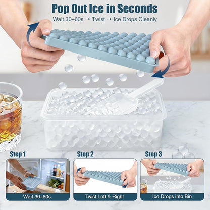 WIBIMEN Mini Ice Cube Trays, 0.55” Tiny Pebble Ice for Iced Coffee & Cocktails, Fast Chill, Easy Twist Release, Stackable with Lid & Storage Bin (4 Pack, Blue)