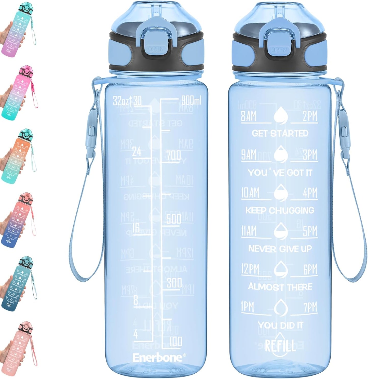 Enerbone 32 oz Drinking Water Bottle with Times to Drink and Straw, Motivational with Carrying Strap, Leakproof BPA & Toxic Free, Ensure You Drink Enough Water for Fitness Gym Outdoor