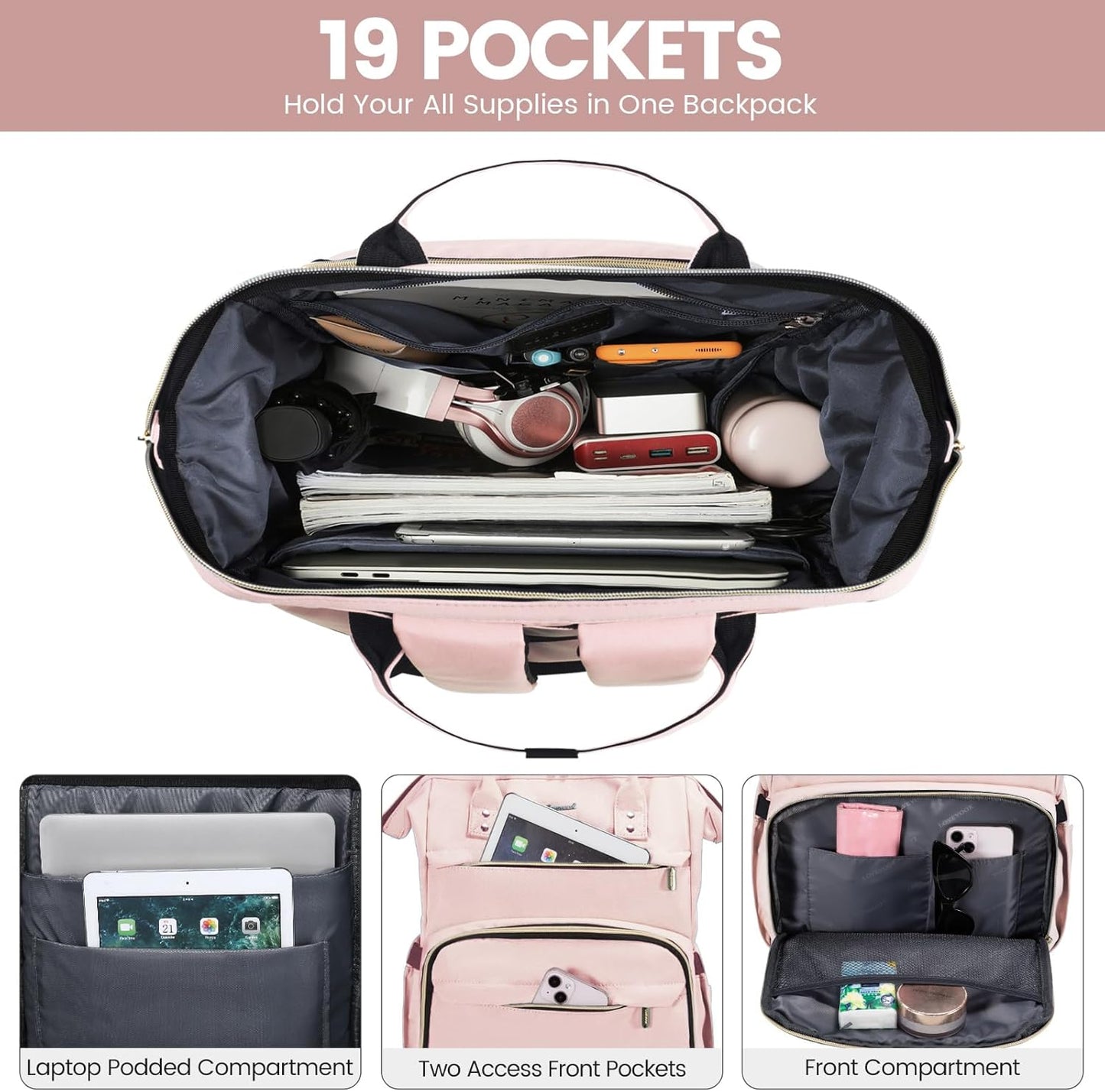 LOVEVOOK Laptop Backpack for Women with Giant Tumbler Holder Pocket,15.6 inch Waterproof Travel Backpack Purse Computer Laptop Bag,Professional Work College Nurse Teacher Backpack Casual Daypack,Black