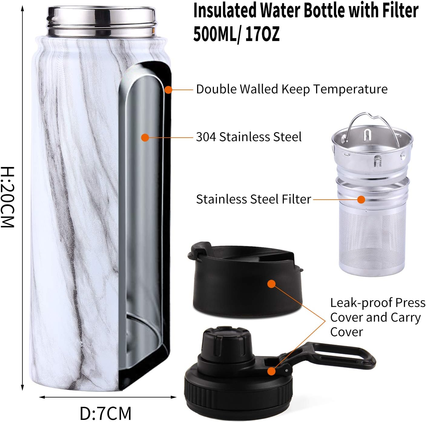 Sivaphe Tea Infuser Bottle With Removable Loose Leaf Tea Strainer Cup 18/8 Stainless Steel Portable Insulated Travel Tea Tumbler Black