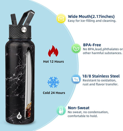 BJPKPK Insulated Water Bottles with Straw Lid, 40oz Stainless Steel Water Bottles with 3 Lids, BPA Free Leakproof Thermo, Tumblers, Cups for Sports, Gym- Midnight - Colors B