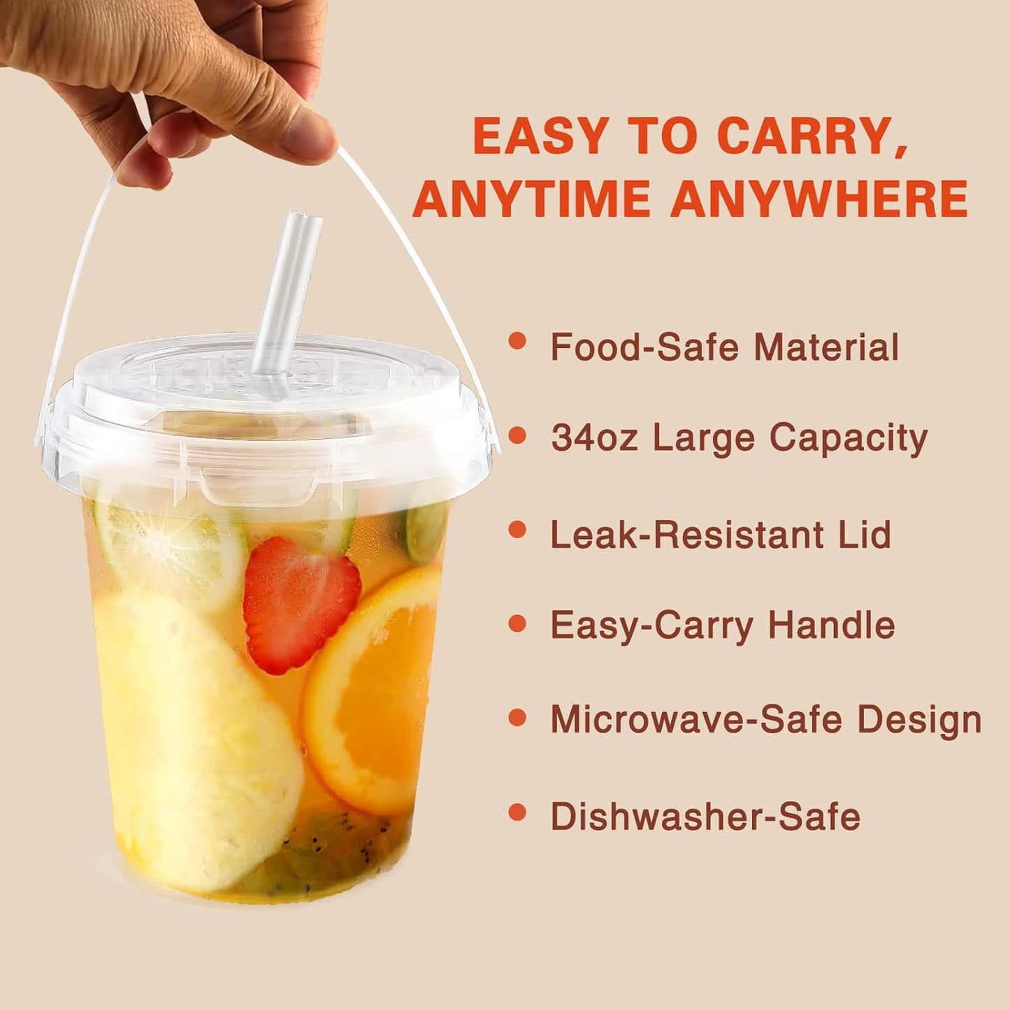 10 Pack 34oz Plastic Cups with Lids and Straws, Disposable Iced Coffee Cups with Lids,Sturdy & Food Safe Drink Buckets for Cold/Hot Drinks,Smoothies, Fruit Drinks Cups Summer Beverages,Bar/Beach Party