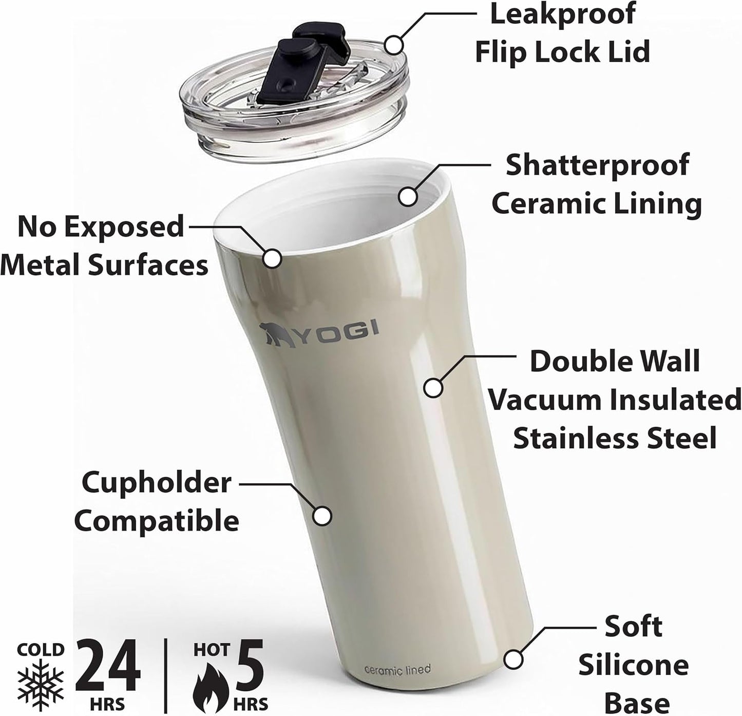 YOGI Ceramic Lined Metal Allergy Safe 16oz Coffee Tumbler with Leakproof Lid BPA Free Vacuum Insulated Stainless Steel Cupholder Friendly Travel Cup for Coffee and Water Sandstone