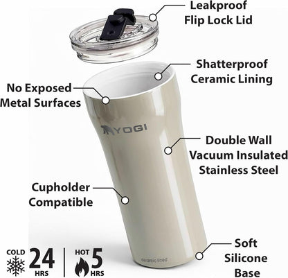 YOGI Ceramic Lined Metal Allergy Safe 16oz Coffee Tumbler with Leakproof Lid BPA Free Vacuum Insulated Stainless Steel Cupholder Friendly Travel Cup for Coffee and Water Sandstone