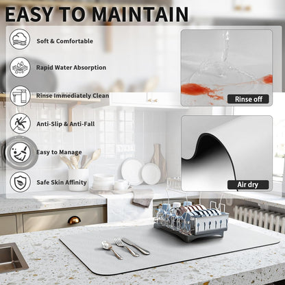 HotLive Dish Drying Mat for Kitchen Counter, Heat Resistant Drainer Mats with Non-slip Rubber Backed, Hide Stain Kitchen Super Absorbent Draining Mat, Easy to Clean Dish Rack Pad, Dark Grey 16"x18"