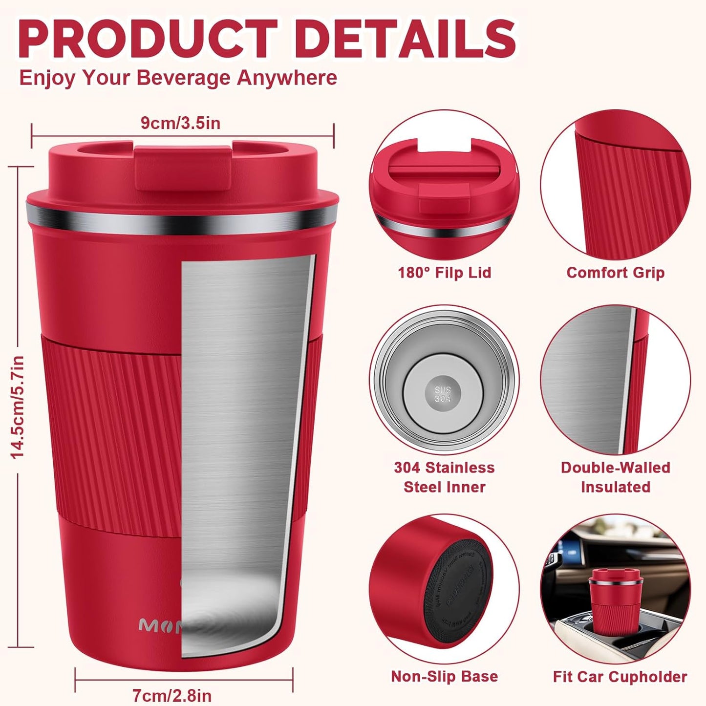 MOMSIV 12oz Travel Mug, Insulated Coffee Cup with Leakproof Lid, Travel Coffee Mug Vacuum Stainless Steel Double Walled Reusable Coffee Cup for Hot and Cold Water Coffee