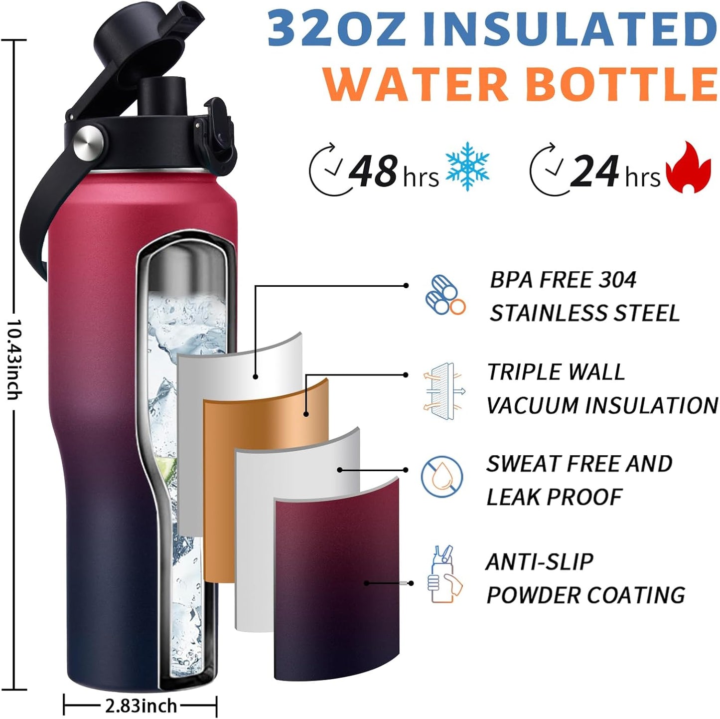 Insulated Water Bottle 40 oz - Fits in any Car Cup Holder, Keep Cold 48H Hot 24H, Stainless Steel Waterbottle Double Wall Flask with Straw, Pop-up Spout Lid, Paracord Handle, Carrier Bag