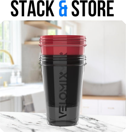VELOMIX -2 Pack- 20 oz Protein Shaker Bottles for Protein Mixes - 2x Wire Whisk | Leak Proof Shaker Cups for Protein Shakes and Pre Workout | Protein Shaker Bottle Pack (Black/Transparent)