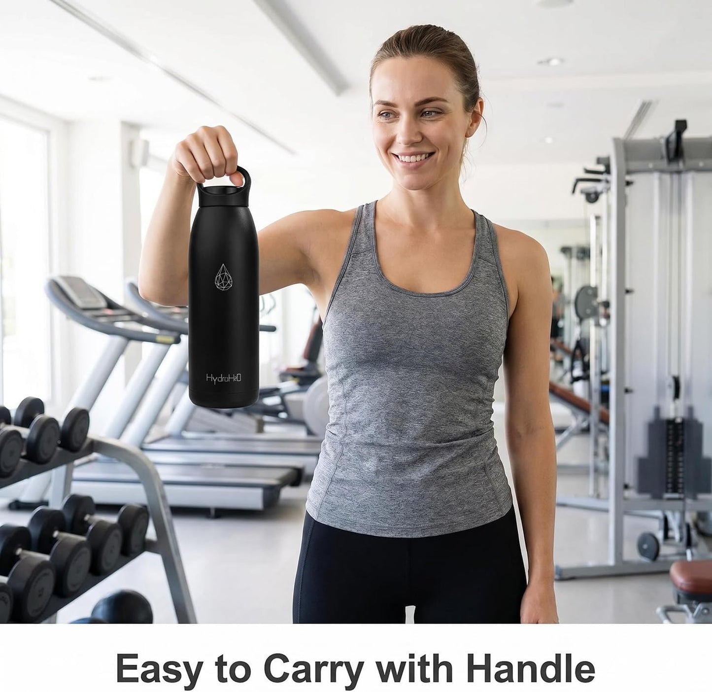 32oz Insulated Stainless Steel Water Bottle with Handle, Double Wall Leakproof Sport Water Bottle, BPA-Free, Keeps Cold 24H/Hot 12H, Ideal Gym Bottle for Men, Women, Office, Hiking, Black