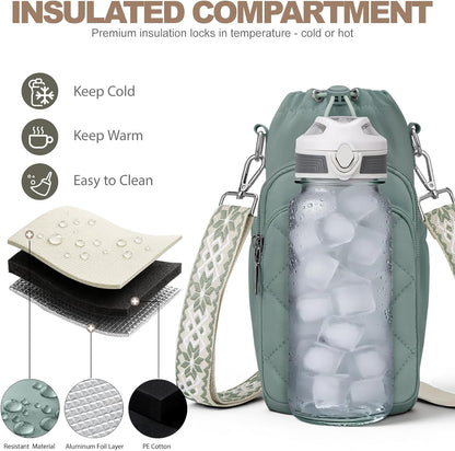 SYTRAH Water Bottle Bag Crossbody，Insulated Water Bottle Purse Crossbody Water Bottle Holder with Strap 40 oz