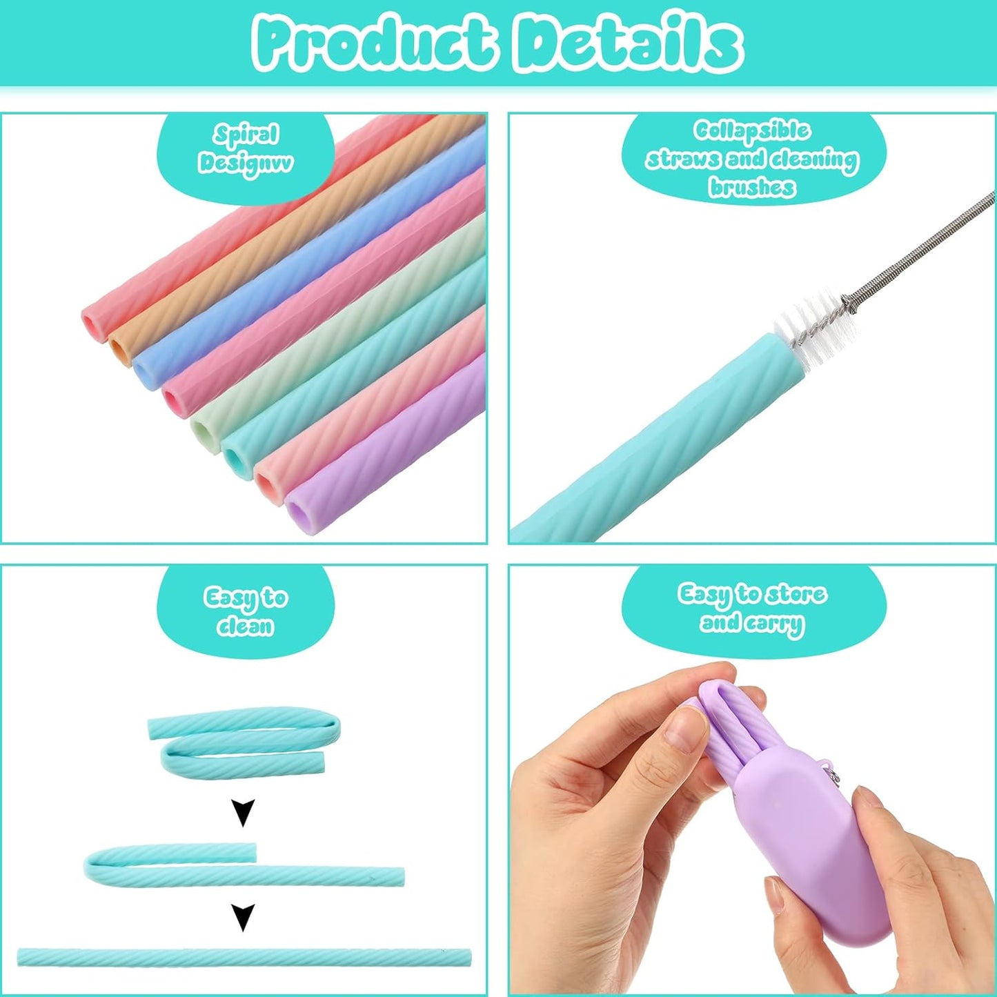 Meanplan 8 Set Cruise Ship Essentials,Silicone Straws with Case Reusable Foldable Portable Drinking Straw for Party Travel Cold or Hot with Carry Case and Cleaning Brushes (Rainbow Colors)