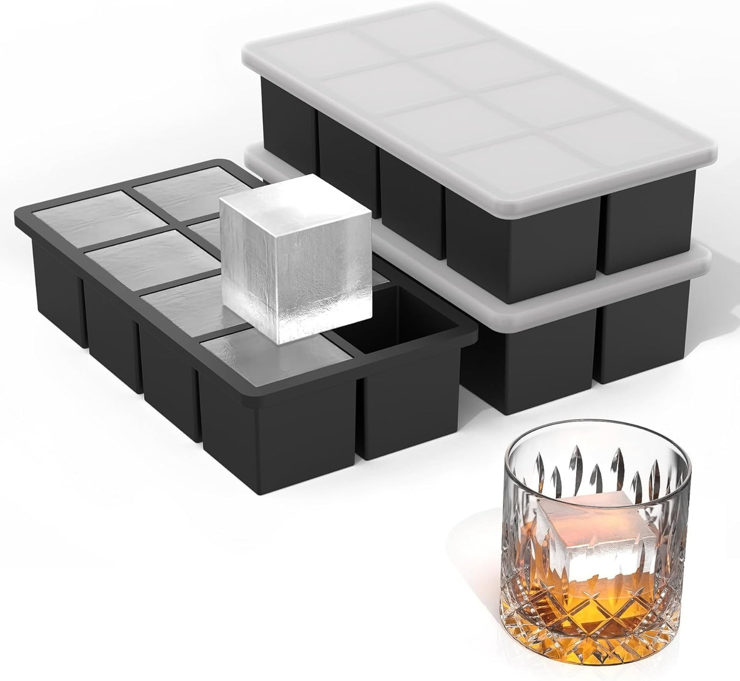 Bangp Large Ice Cube Tray for Whiskey,2 Pack Stackable Big Ice Cube Molds Make 16 Big Whiskey Ice Cubes,Easy Release Square Ice Cube Maker for Cocktails,Whiskey,Soups and Frozen Treats