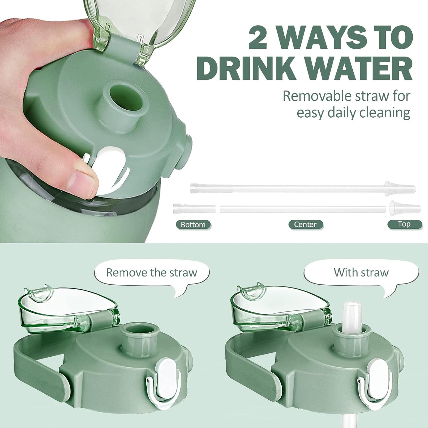 64oz Glass Water Bottles with Straw, Half Gallon Motivational Glass Bottle with Silicone Sleeve and Time Marker, 2L Leakproof Large Glass Water Jug for Gym Home Office,olive
