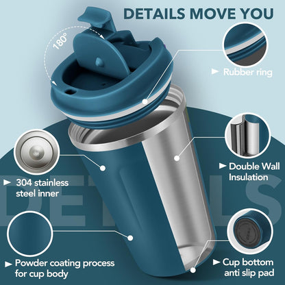 Volhoply 12 oz Double Wall Insulated Vacuum Travel Coffee Mugs with Flip Lid Bulk 2 Pack,Reusable Stainless Steel Leak Proof Coffee Cup,Portable Cafe Thermal Tumbler for Hot & Cold Drinks(Mix,2 Set)