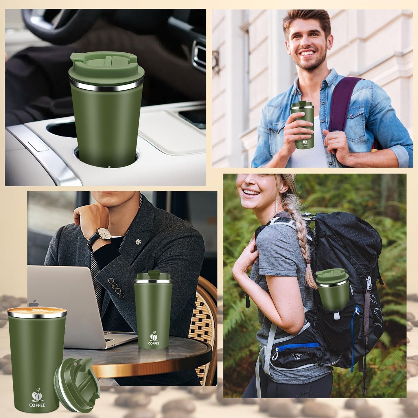Insulated Travel Coffee Mug Reusable Coffee Tumbler Cup with Flip Lid Leak Proof Spill Proof for Office School Party Camping Hot and Cold Drink,Stainless Steel 17oz (Black)